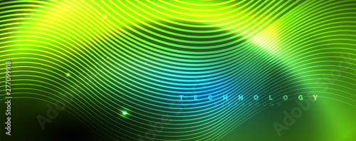 Trendy neon blue abstract design with waves and circles. Neon light glowing effect. Abstract digital background.