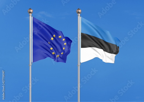 European Union vs Estonia. Thick colored silky flags of European Union and Estonia. 3D illustration on sky background. - Illustration