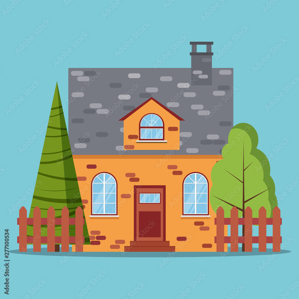 Isolated icon of brick farm cottage with fences, green tree, spruce in flat cartoon style.