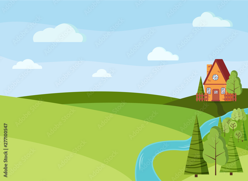 Spring or summer landscape scene with cartoon red brick country house, green trees, spruces, fields, clouds, river