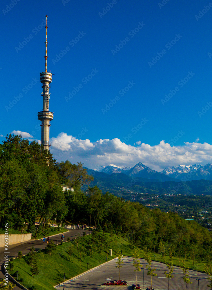 Obraz premium ALMATY, KAZAKHSTAN - JUNE 18, 2018: Aerial view over the city from Kok-Tobe Hill.