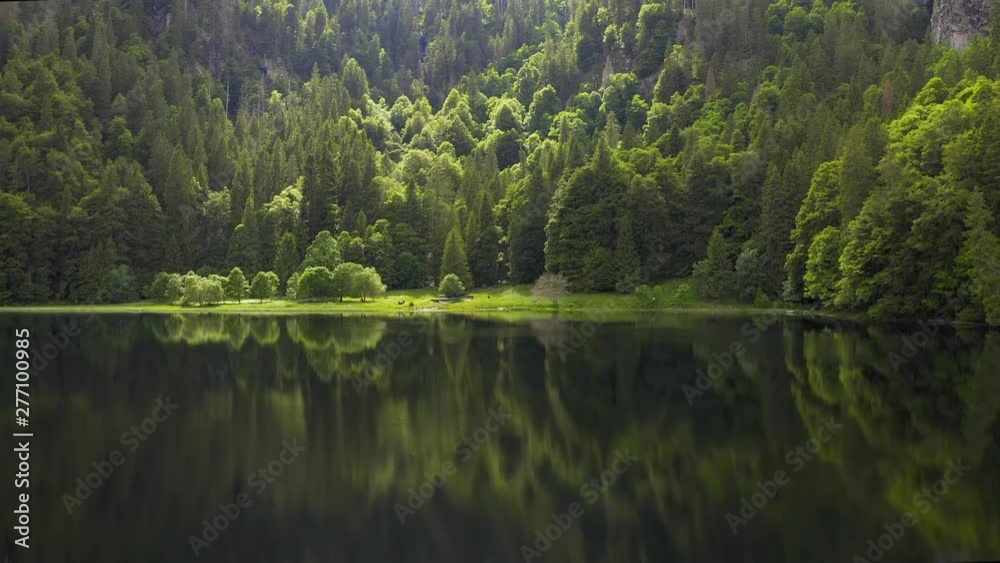 Aerial on mountain lake and green forest trees. Forest reflection in the water. Beautiful aerial landscape with lake and forest.Drone shot over a beautiful mountain forest lake.Magical atmosphere