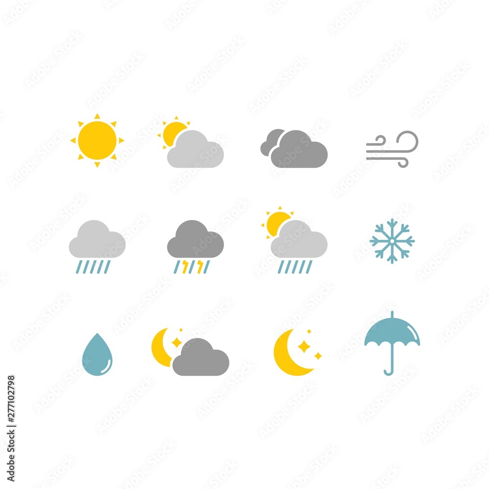 Obraz premium Weather flat vector icons set. Weather forecast icons