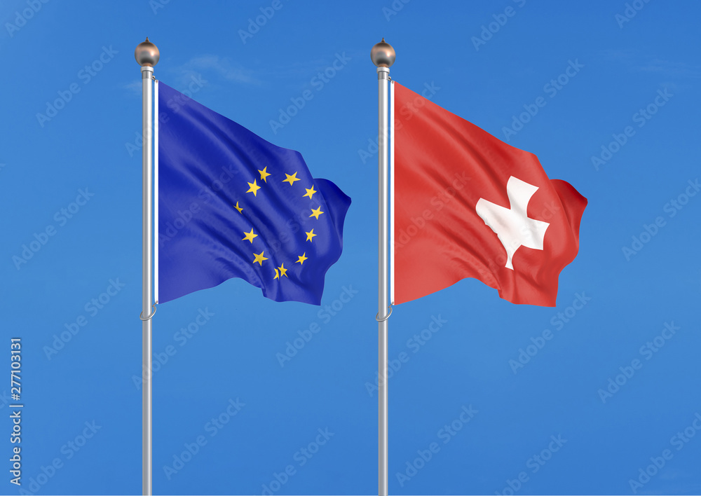 European Union vs Switzerland. Thick colored silky flags of European Union and Switzerland. 3D illustration on sky background. - Illustration