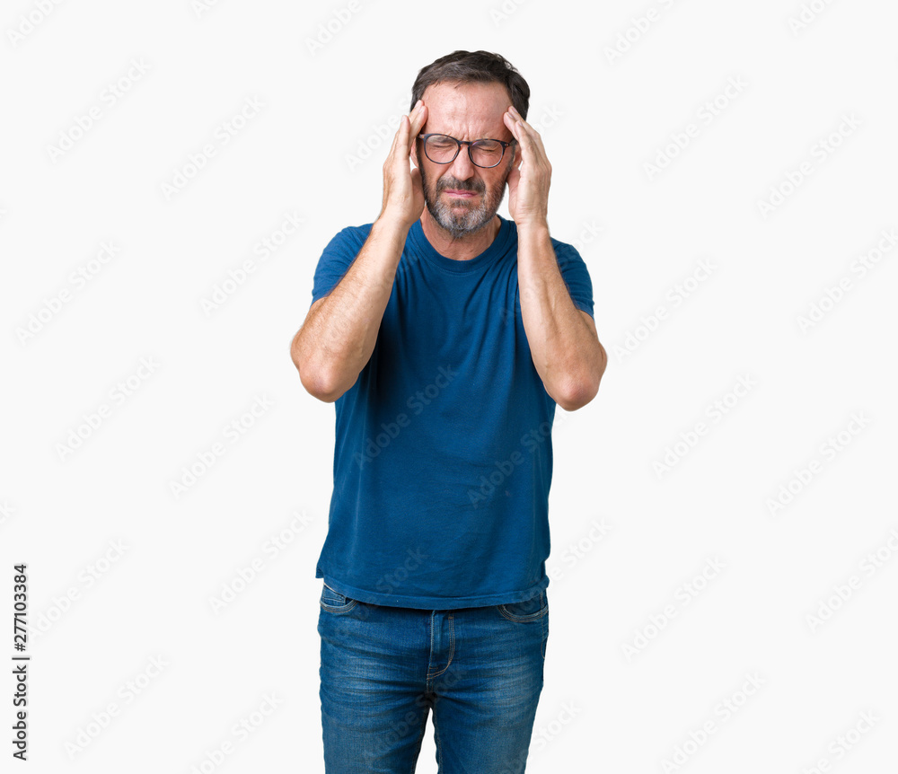 Handsome middle age hoary senior man wearin glasses over isolated background with hand on head for pain in head because stress. Suffering migraine. Handsome middle age hoary senior man wearin glasses over isolated background with hand on head for pain in head because stress. Suffering migraine.