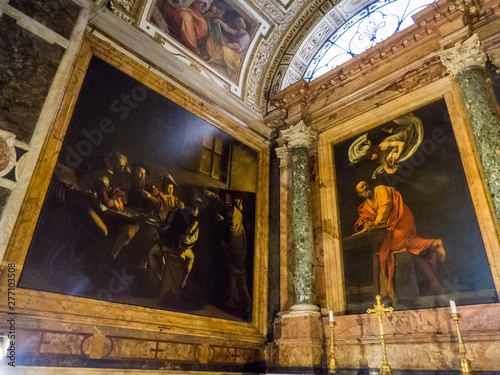 The Contarelli Chapel (or Cappella Contarelli) housing paintings on St. Matthew the Evangelist by Caravaggio in the San Luigi dei Francesi church, Rome, Italy 