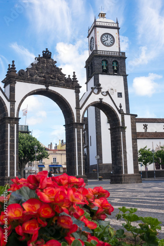 The Church of St. Sebastian is one of the main attractions of Ponta Delgada. Tower with a clock and bells. Azores, Sao Miguel.