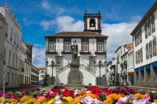 Ponta Delgada City Hall. Beautiful baroque building.with a bell tower in the capital of the Azores. Portugal, Sao Miguel. photo