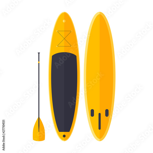 Cartoon yellow surfer with paddle. SUP for skating on ocean waves. Active kinds of rest. Vector illustration.
