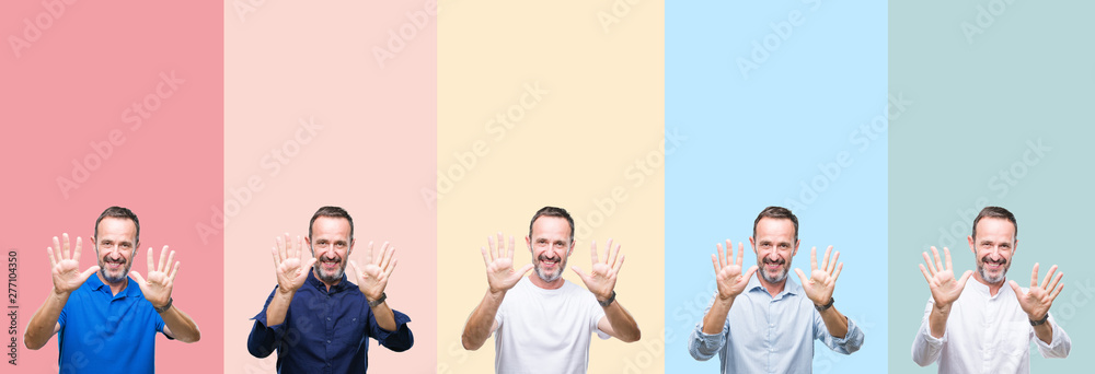 Fototapeta premium Collage of senior hoary handsome man over colorful stripes isolated background showing and pointing up with fingers number ten while smiling confident and happy.
