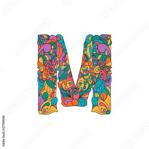 Colorful Floral Ornamental Alphabet, Initial Letter M Font. Vector Typography Symbol. Multicolored Poster for Adults. Isolated Ornament Design for Book Covers