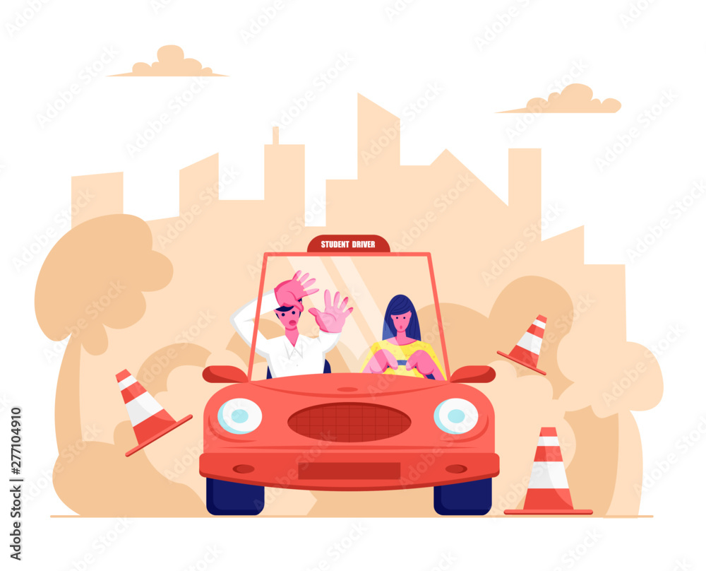 Driving School, Learner Driving Car with Frightened Instructor. Student Driver  Girl Study Drive Automobile Bumping Road Signs. Cartoon Flat Vector  Illustration, Banner Stock Vector | Adobe Stock