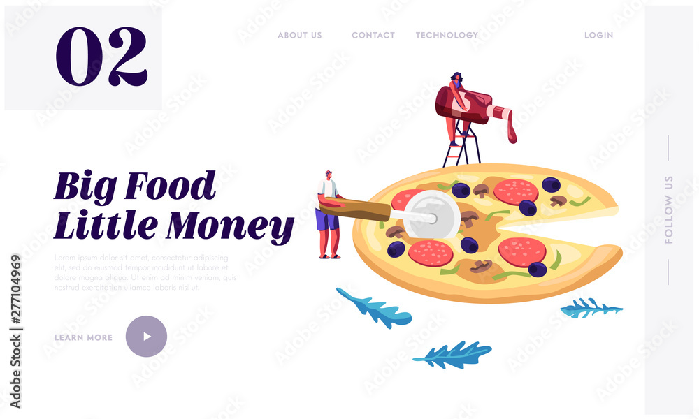 Pizzeria Website Landing Page, Tiny People Eating Huge Pizza. Male and Female Characters Try Tasty Italian Food. Fast Food, Cafe, Bistro Visitors Web Page. Cartoon Flat Vector Illustration, Banner