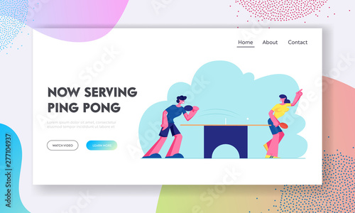 Happy Young People in Sports Uniform Playing Ping Pong or Table Tennis, Healthy Sport and Genuine Emotions. Lifestyle, Rest Website Landing Page, Web Page. Cartoon Flat Vector Illustration, Banner