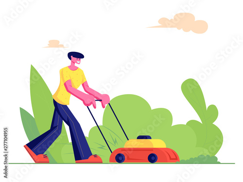 Man Gardener Cutting Green Grass with Lawn Mower, Farmer Mowing Garden Backyard, Gardening Work, Service, Household Activity