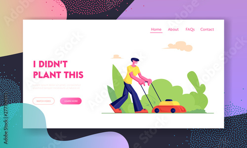 Man Gardener Cutting Green Grass with Lawn Mower, Farmer Mowing Garden Backyard, Gardening Work, Service, Household Activity Website Landing Page, Web Page. Cartoon Flat Vector Illustration, Banner