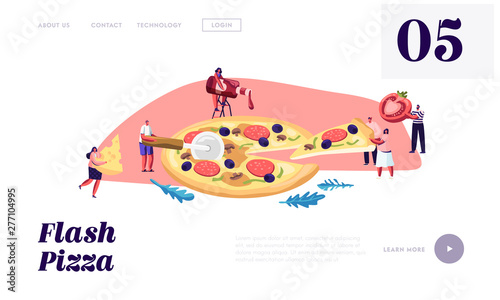 Pizzeria Bistro Website Landing Page, Tiny People Eating Huge Pizza, Cut with Knife, Put Ketchup and Cheese, Italian Food. Fast Food, Cafe, Visitors, Web Page. Cartoon Flat Vector Illustration, Banner