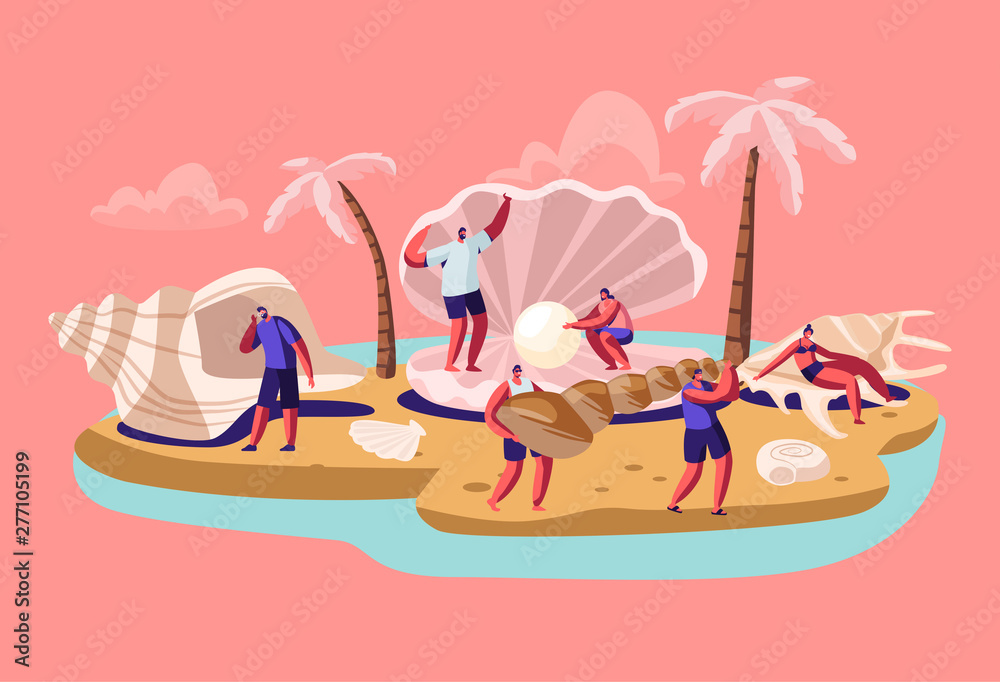 Happy Tourists Man and Woman Stand at Huge Seashell with Beautiful Pearl on Tropical Island Beach with Palm Trees. Summer Vacation, Holidays, Trip, Adventure Cartoon Flat Vector Illustration