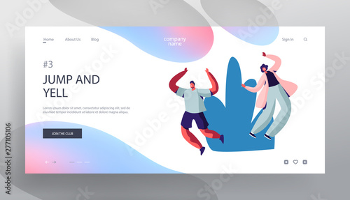 Happy People Enjoying Summer Time Website Landing Page, Male and Female Characters Jumping with Hands Up Cheering and Smiling, Spending Time Outdoors Web Page. Cartoon Flat Vector Illustration, Banner