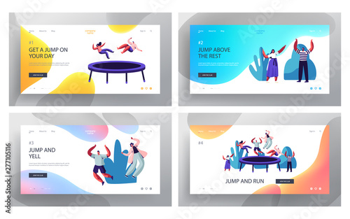 Happy People Jumping on Trampoline Website Landing Page Set, Friends Having Fun Jump and Bouncing in Amusement Park or Corporate Party Entertainment. Web Page. Cartoon Flat Vector Illustration, Banner
