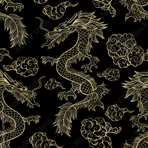 Photo Oriental dragon flying in clouds seamless pattern