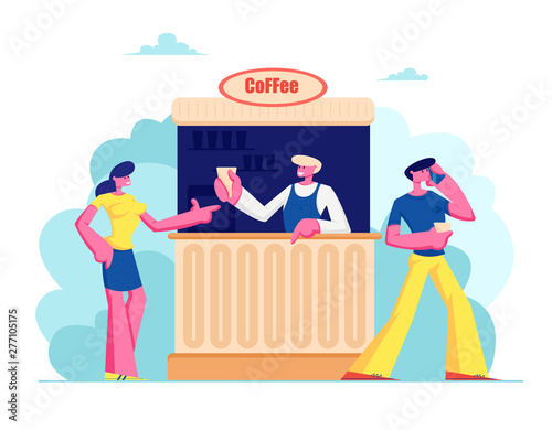 Young Woman Buying Coffee in Booth on Street. Summer Cafe with Drinks, Girl Buy Hot Beverages in Outdoor Cafeteria, Leisure, Walk, Spare Time, Salesman Serve Customer Cartoon Flat Vector Illustration