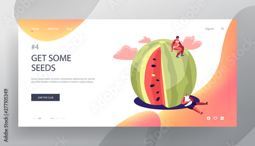 Summer Time Website Landing Page, Characters in Swimsuit Relaxing on Huge Watermelon. People, Family or Friends Having Fun Playing on Beach, Relaxing Web Page. Cartoon Flat Vector Illustration, Banner