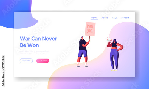 Hippie Activist Characters with Banner Make Love, Riot, Picket. People with Placards and Signboard on Strike or Demonstration, Website Landing Page, Web Page. Cartoon Flat Vector Illustration, Banner