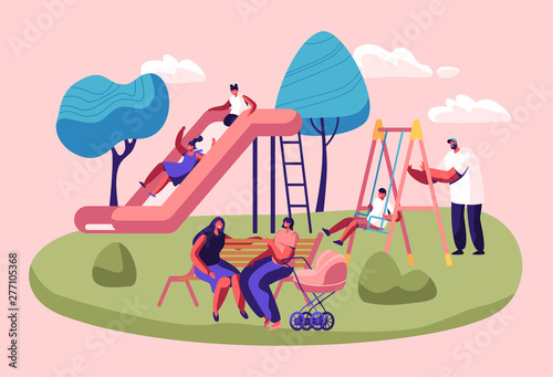 Happy Kids Having Fun Sliding on Outdoor Playground. Children Smiling, Playing on Slide, Active Games on Street. Summer Leisure, Vacation, Holidays, Spare Time. Cartoon Flat Vector Illustration
