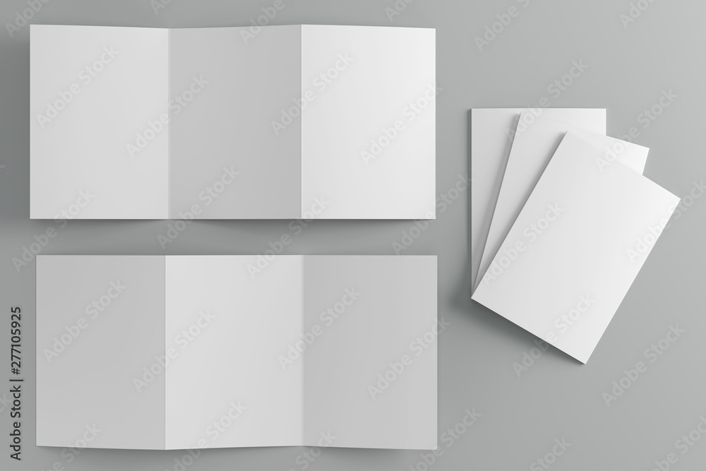 3d render illustration of a leaflet mockup on grey background. 3d render illustration of a leaflet mockup on grey background.