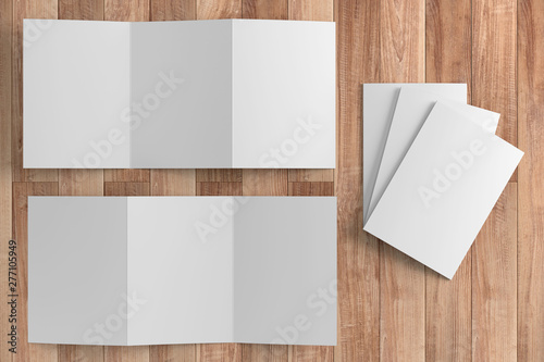 3d render illustration of a leaflet mockup on wood background.