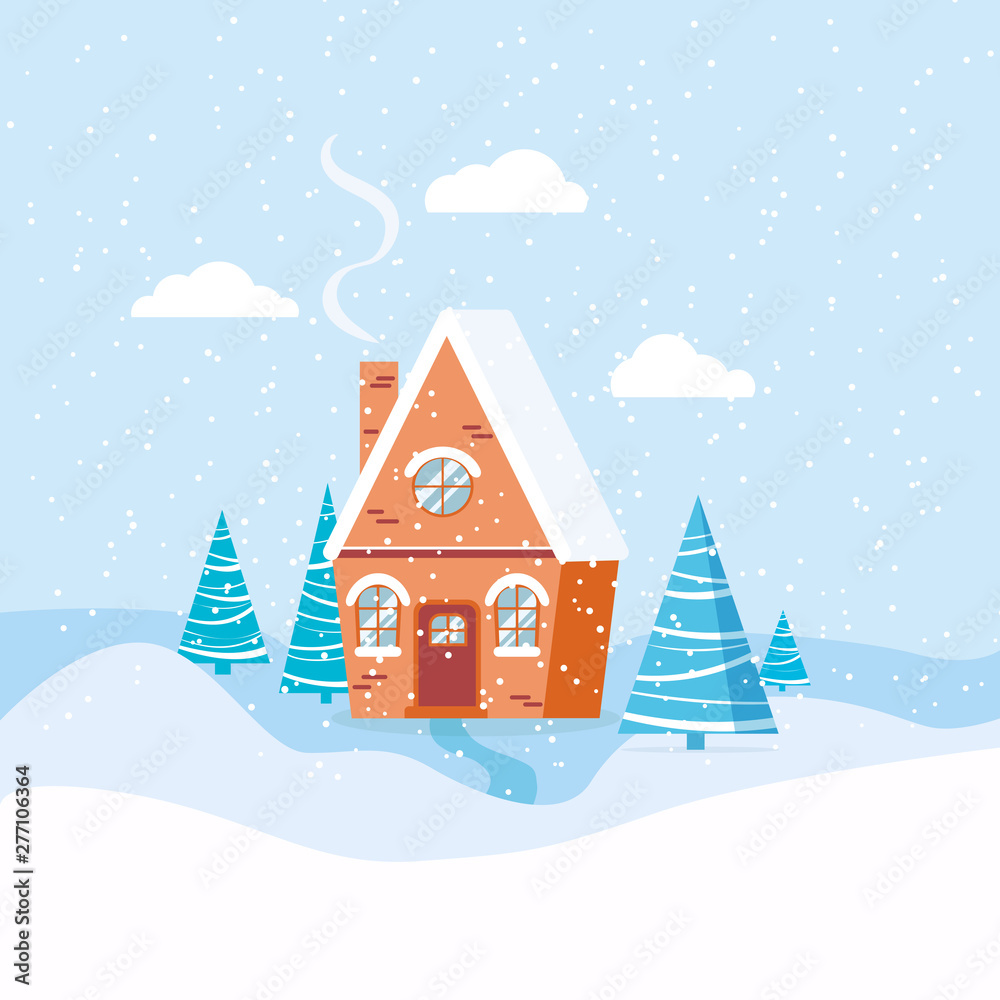 Winter landscape with country house, spruces, clouds, snow in cartoon flat style.