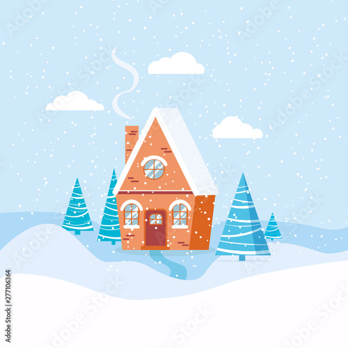 Winter landscape with country house, spruces, clouds, snow in cartoon flat style. © Irina