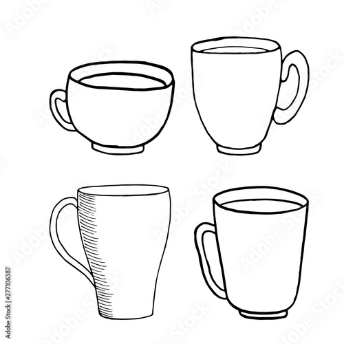 Vector illustration on white background. A Cup of tea and a kettle on the table. Tea time.