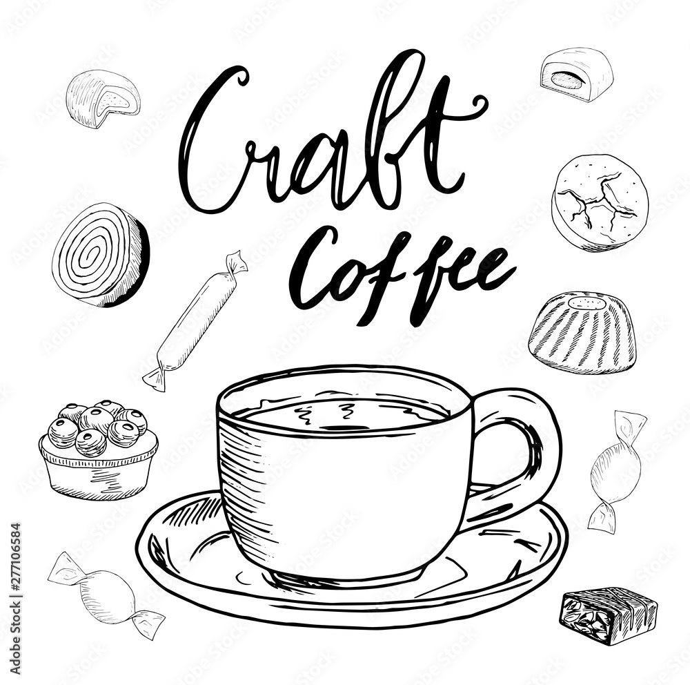 Vector set of line drawing candy, sketch on white background, design elements. Tea and cake. Hand drawn sketch vector illustration. Menu design. Lettering craft coffee.
