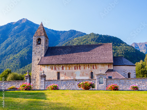 View of San Vigilio Church and Cemetery in Pinzolo, Dolomites, Italy photo