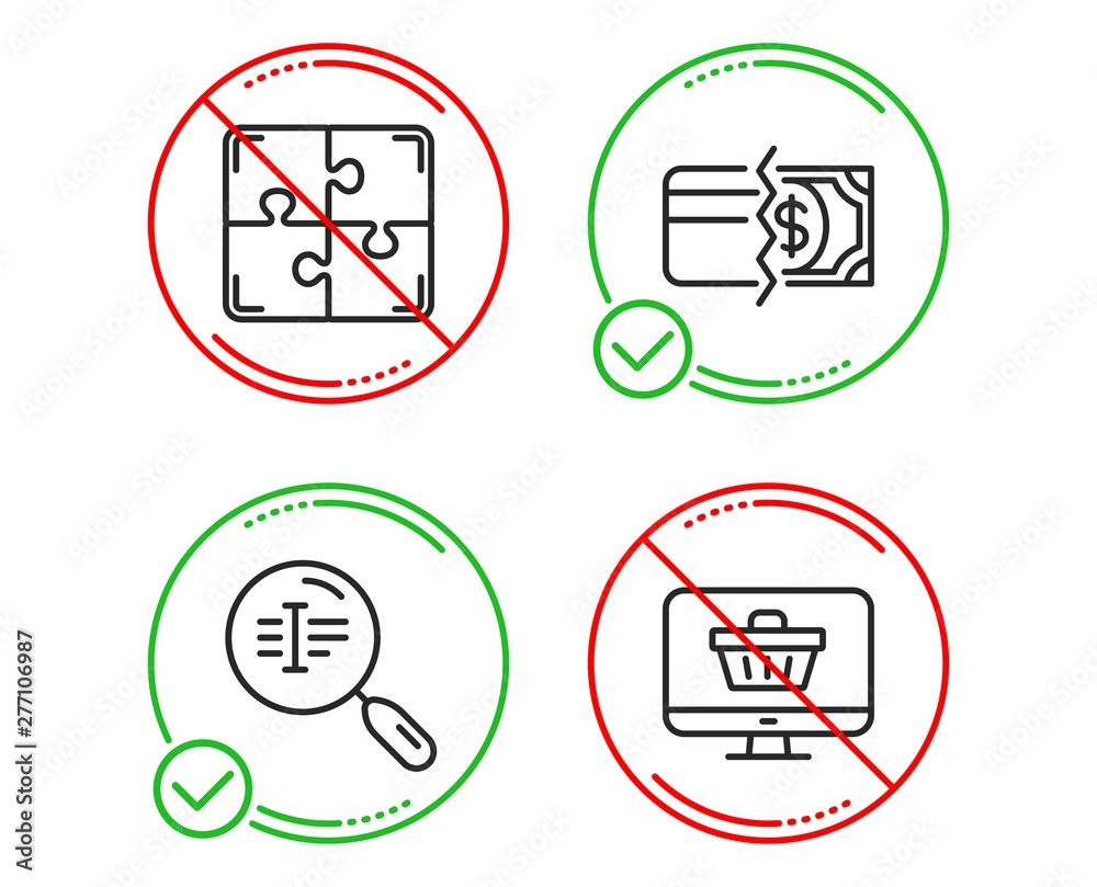 Do or Stop. Puzzle, Payment methods and Search text icons simple set. Web  shop sign. Engineering