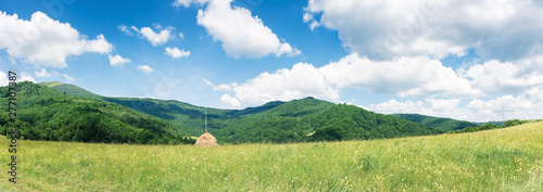 wide panorama of a rural field in mountains. wonderful sunny weather with fluffy clouds on the blue sky. mountain range in the distance. haystack in the scenery. © Pellinni