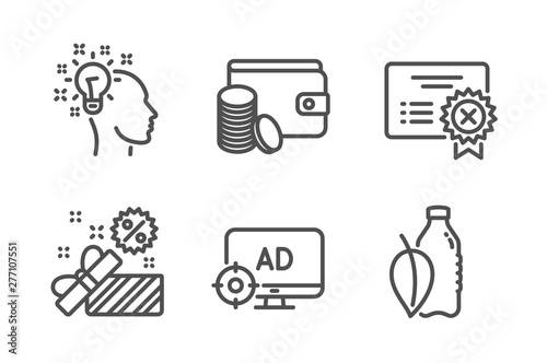 Payment method, Reject certificate and Sale icons simple set. Idea, Seo adblock and Water bottle signs. Wallet with coins, Decline file. Business set. Line payment method icon. Editable stroke. Vector