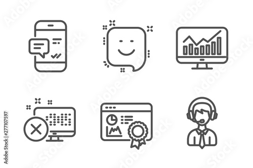 Smartphone notification, Reject access and Statistics icons simple set. Seo certificate, Smile and Shipping support signs. Chat message, Delete device. Business set. Line smartphone notification icon