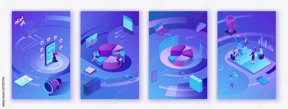 Data analysis center, business people analyze diagram, kpi analytics, digital technology in finance, AI concept, big research isometric vertical mobile template, teamwork 3d background - obrazy, fototapety, plakaty 