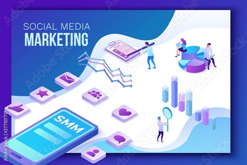 Social media marketing concept, 3d isometric infographic promotion campaign, online digital technology, business people analyze advertising report, content plan, seo optimisation vector illustration