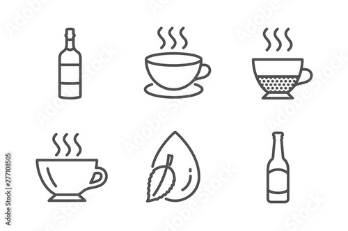 Doppio, Brandy bottle and Cappuccino icons simple set. Coffee, Water drop and Beer signs. Coffee drink, Whiskey. Food and drink set. Line doppio icon. Editable stroke. Vector