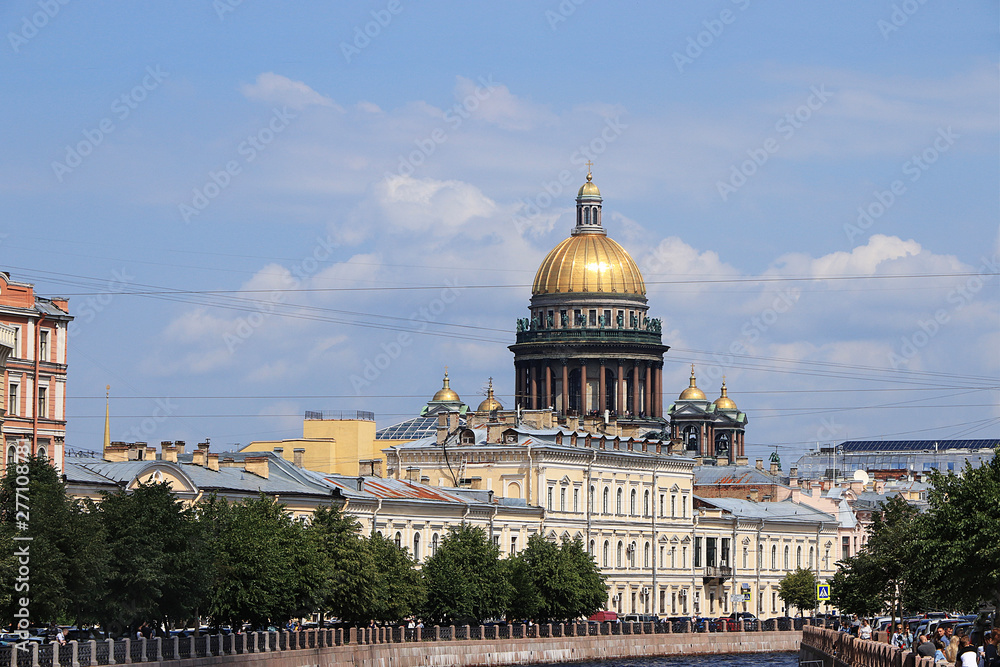 Russia, St. Petersburg, July 1, 2019. Saint Isaac's Cathedral. View from the Poseluev bridge. 
