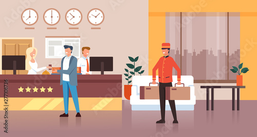 Porter man character carry guest bags. Hotel reception concept. Vector flat graphic design isolated illustration icon