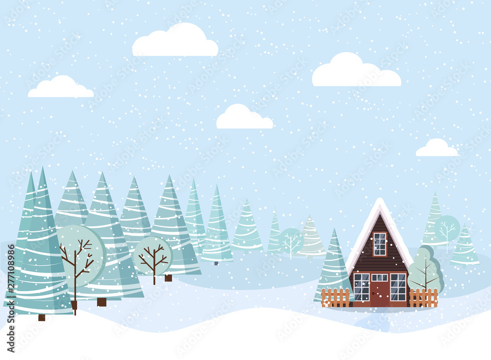 Winter landscape with country house, winter trees, spruces, clouds, snow in cartoon flat style.