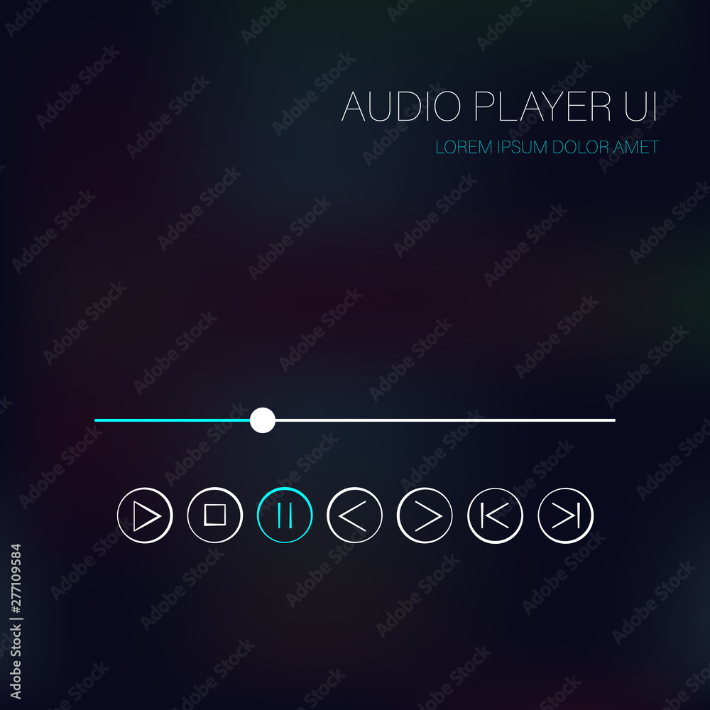 Vector music player interface. Music controls, scroll bar. Music
