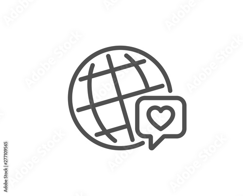 Friends world line icon. Friendship love sign. World brand ambassador symbol. Quality design element. Linear style world brand icon. Editable stroke. Vector