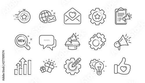 Brand social project line icons. Business strategy, Megaphone and Representative. Influence campaign, social media marketing, brand ambassador icons. Linear set. Vector