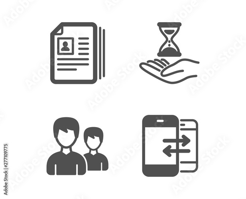 Set of Time hourglass, Cv documents and Couple icons. Phone communication sign. Sand watch, Portfolio files, Two male users. Incoming and outgoing calls.  Classic design time hourglass icon. Vector